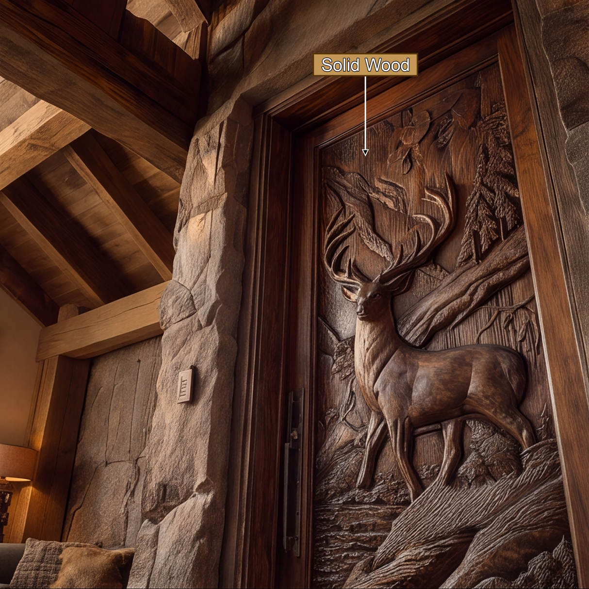 Madera Sculpted Solid Wood Woodland Stag Single Door