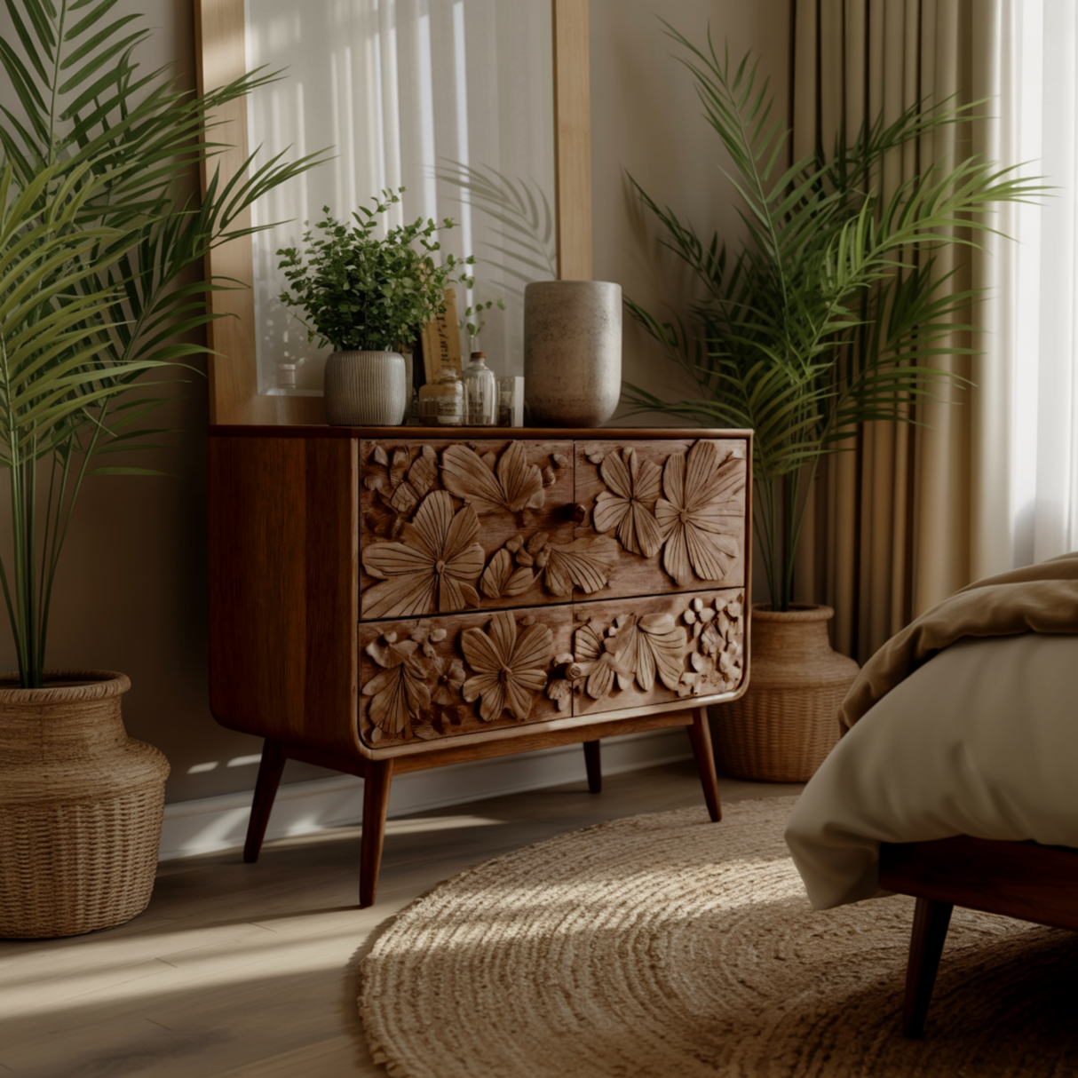 Maravi Hand-Carved Botanical Solid Wood Sideboard Cabinet
