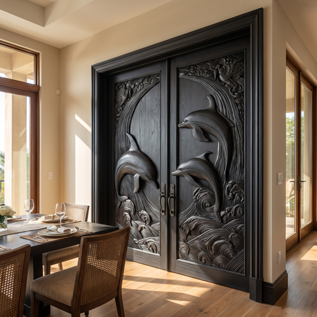 Mariselle Sculpted Solid Wood Dolphin Double Doors Black - Timberustic Door