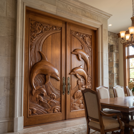 Mariselle Sculpted Solid Wood Dolphin Double Doors Brown - Timberustic Door