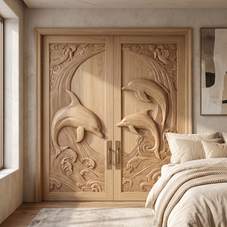 Mariselle Sculpted Solid Wood Dolphin Double Doors Natural Oak - Timberustic Door