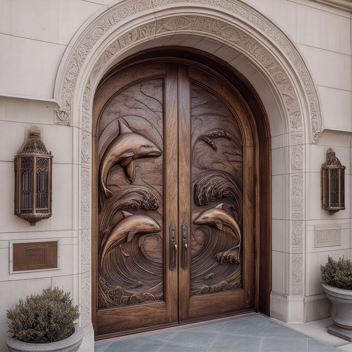 Marisora Handcrafted Solid Wood Dolphin Arched Double Doors