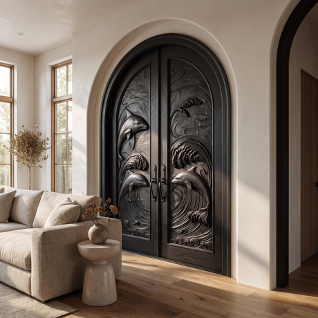 Marisora Handcrafted Solid Wood Dolphin Arched Double Doors Black - Timberustic Door