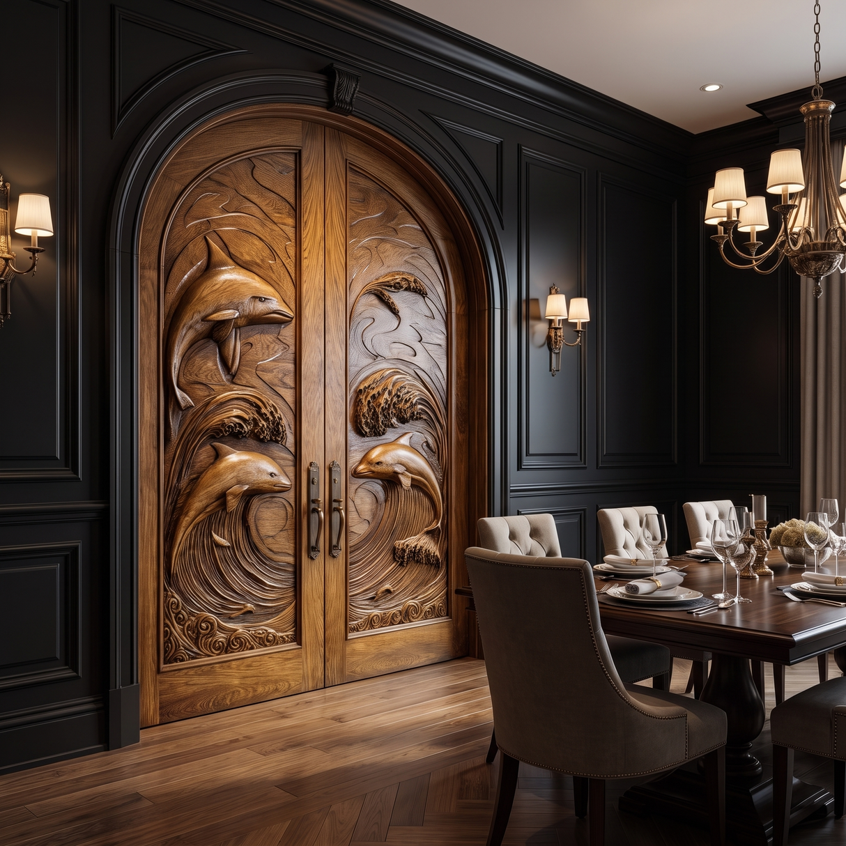 Marisora Handcrafted Solid Wood Dolphin Arched Double Doors