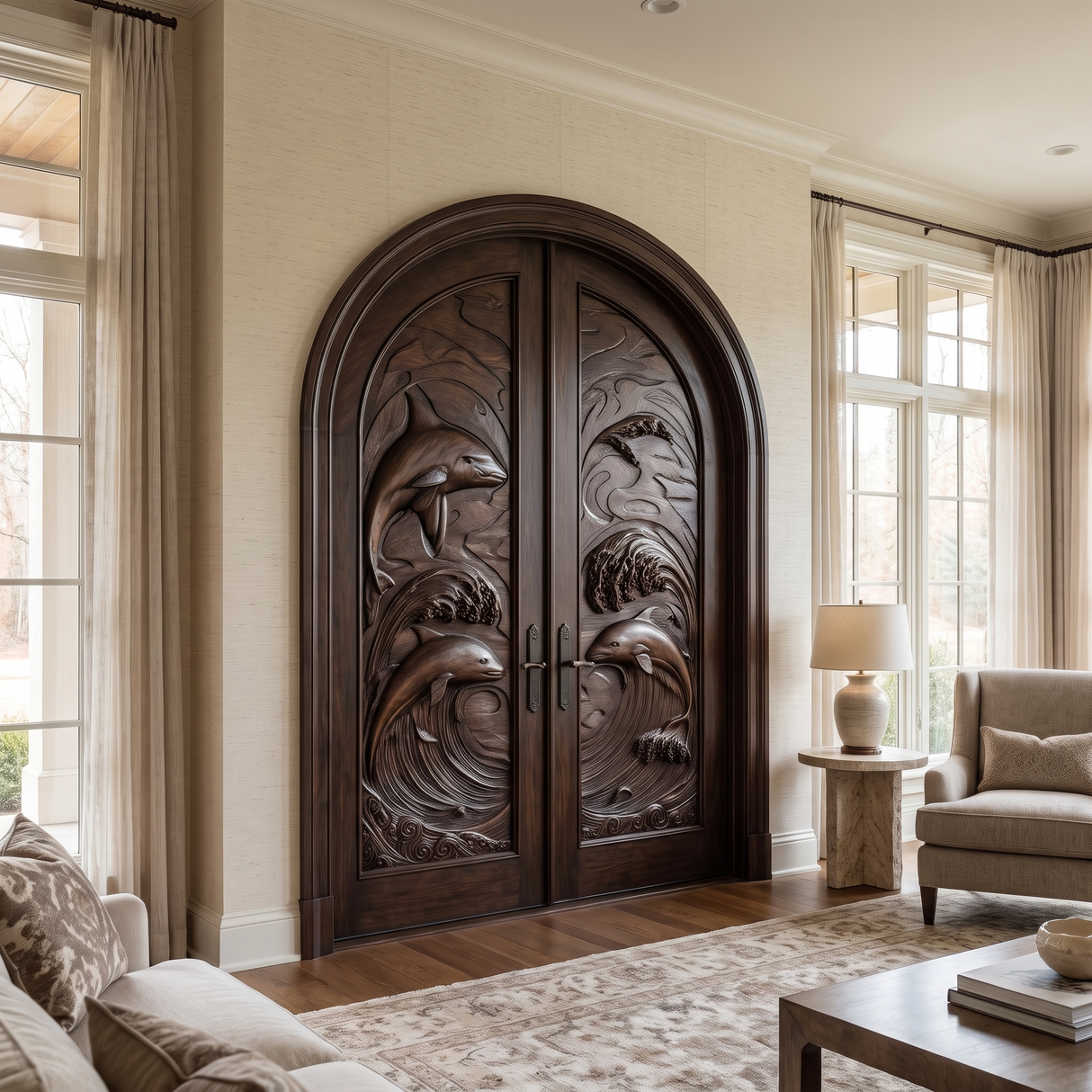 Marisora Handcrafted Solid Wood Dolphin Arched Double Doors