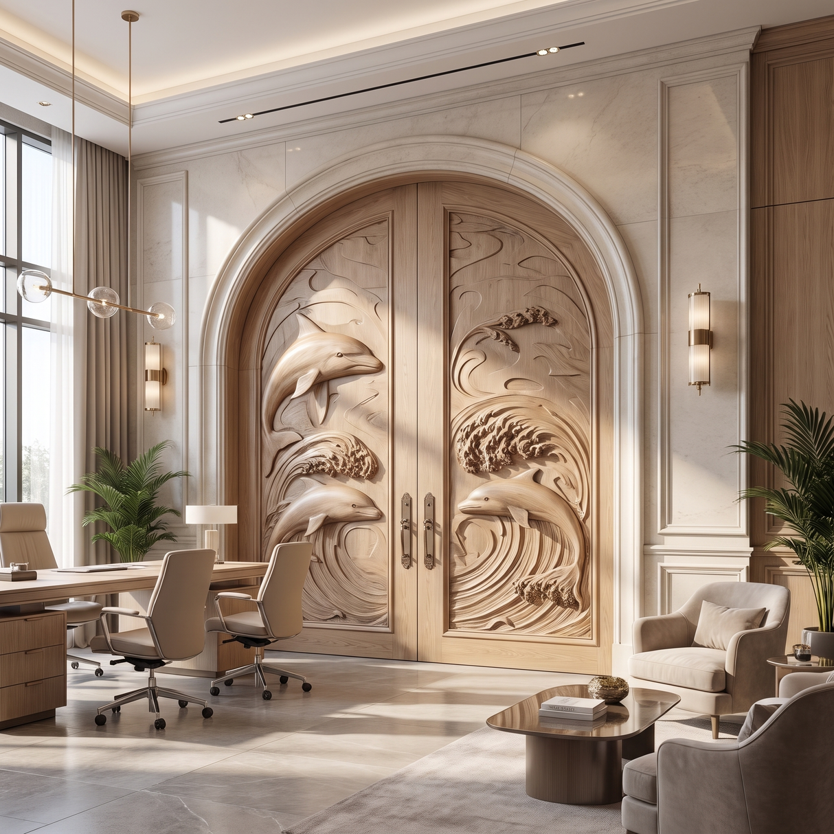 Marisora Handcrafted Solid Wood Dolphin Arched Double Doors