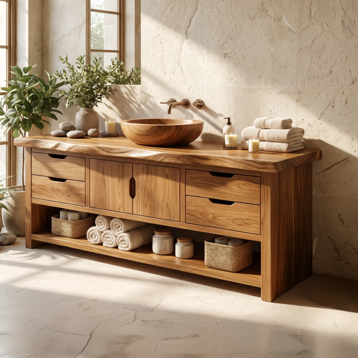 Meadowridge Live Edge Solid Wood Freestanding Bathroom Vanity with Drawers