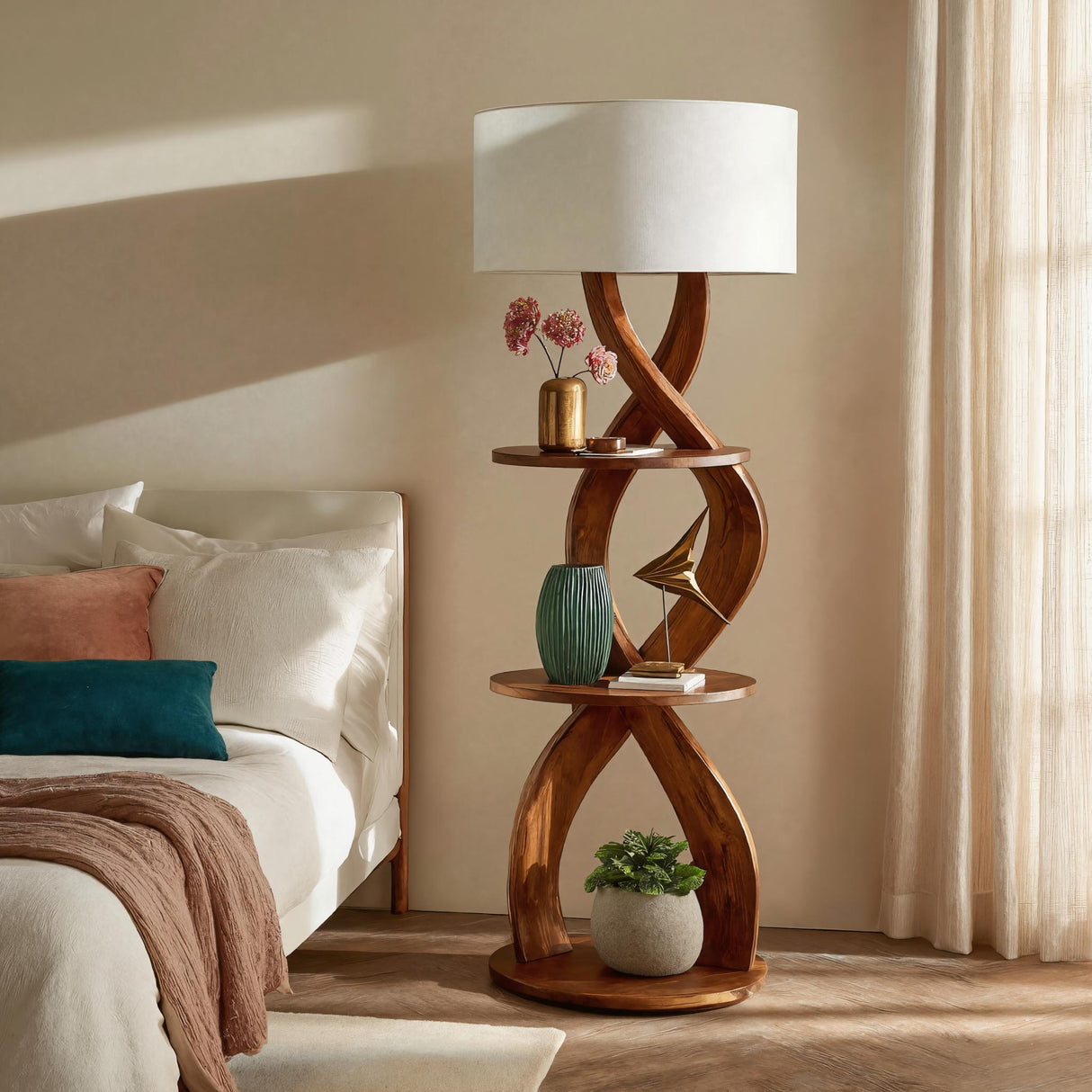 Minimalist Design Solid Wood Floor Lamp with Shelves