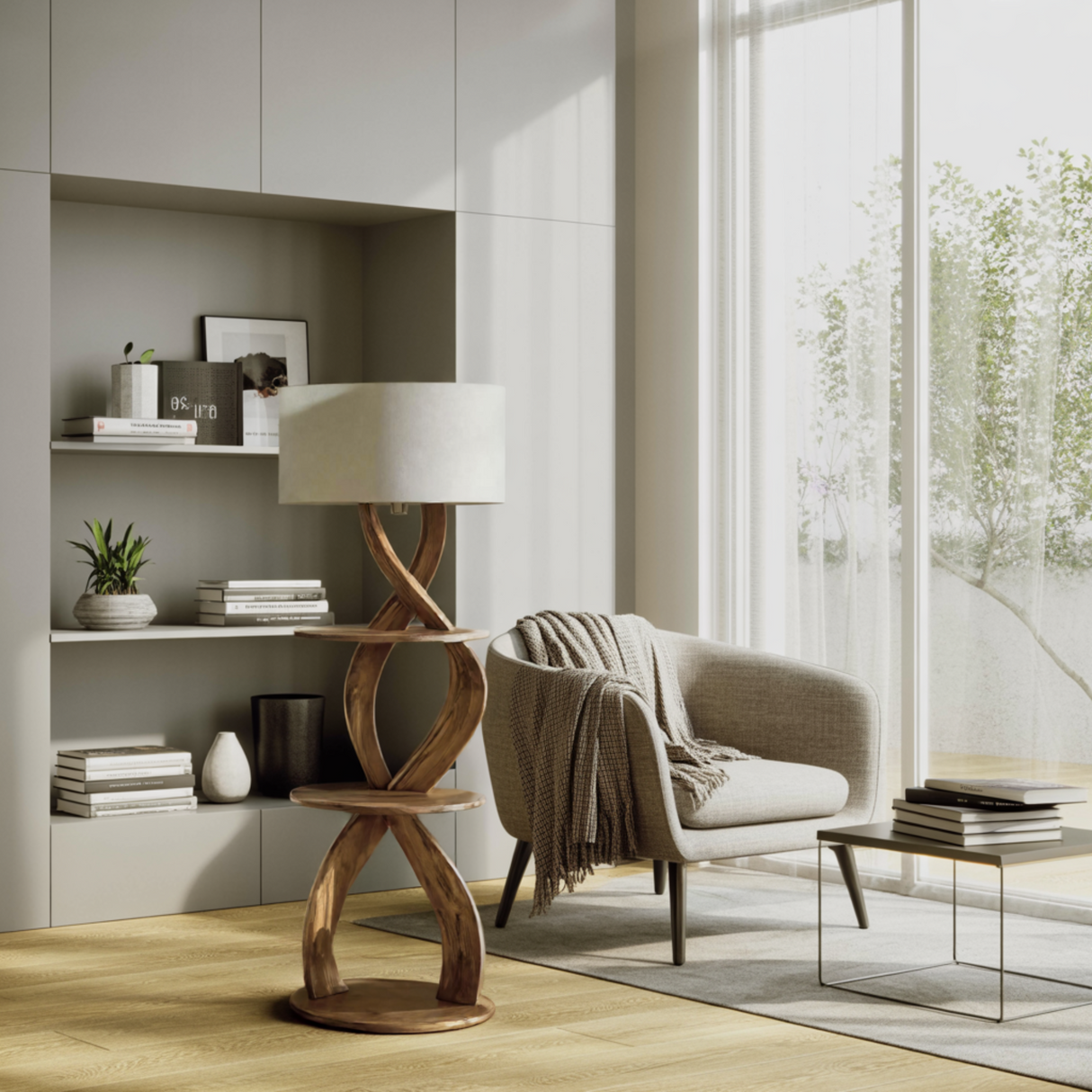 Minimalist Design Solid Wood Floor Lamp with Shelves