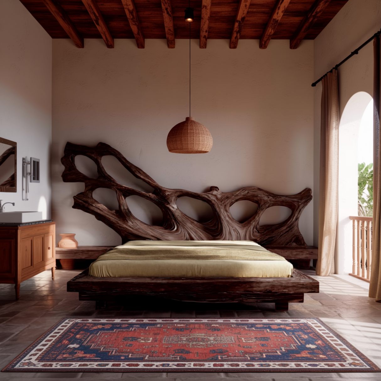 Monolyth Hollow Sculpted Solid Wood Headboard and Bed Frame