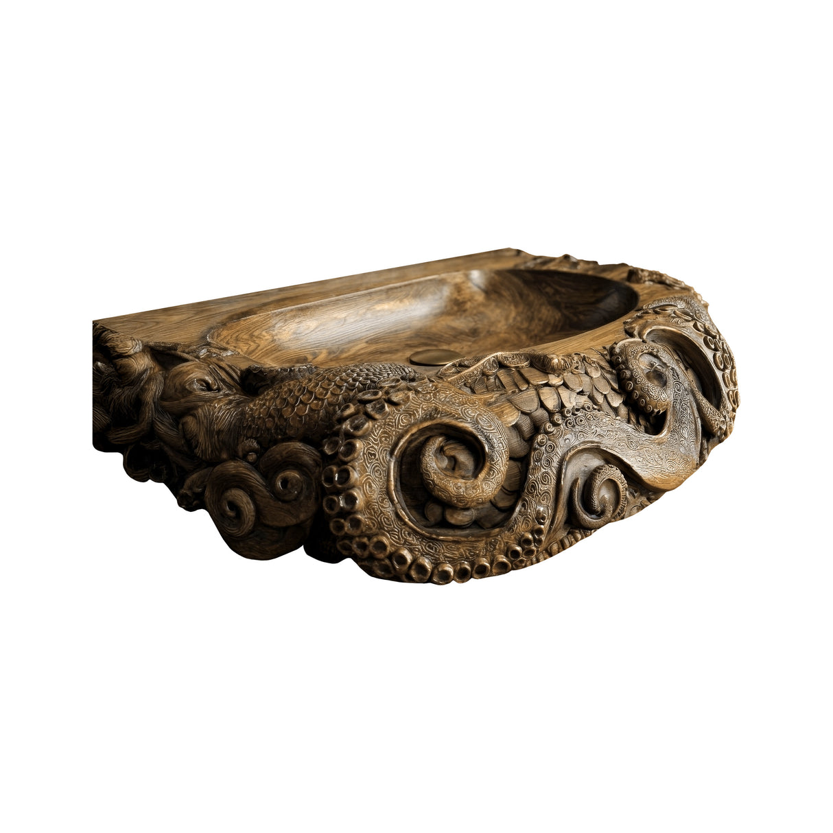 Morveth Octopus Form Handcarved Solid Wood Vessel Sink Natural Oak - Timberustic Vessel Sinks