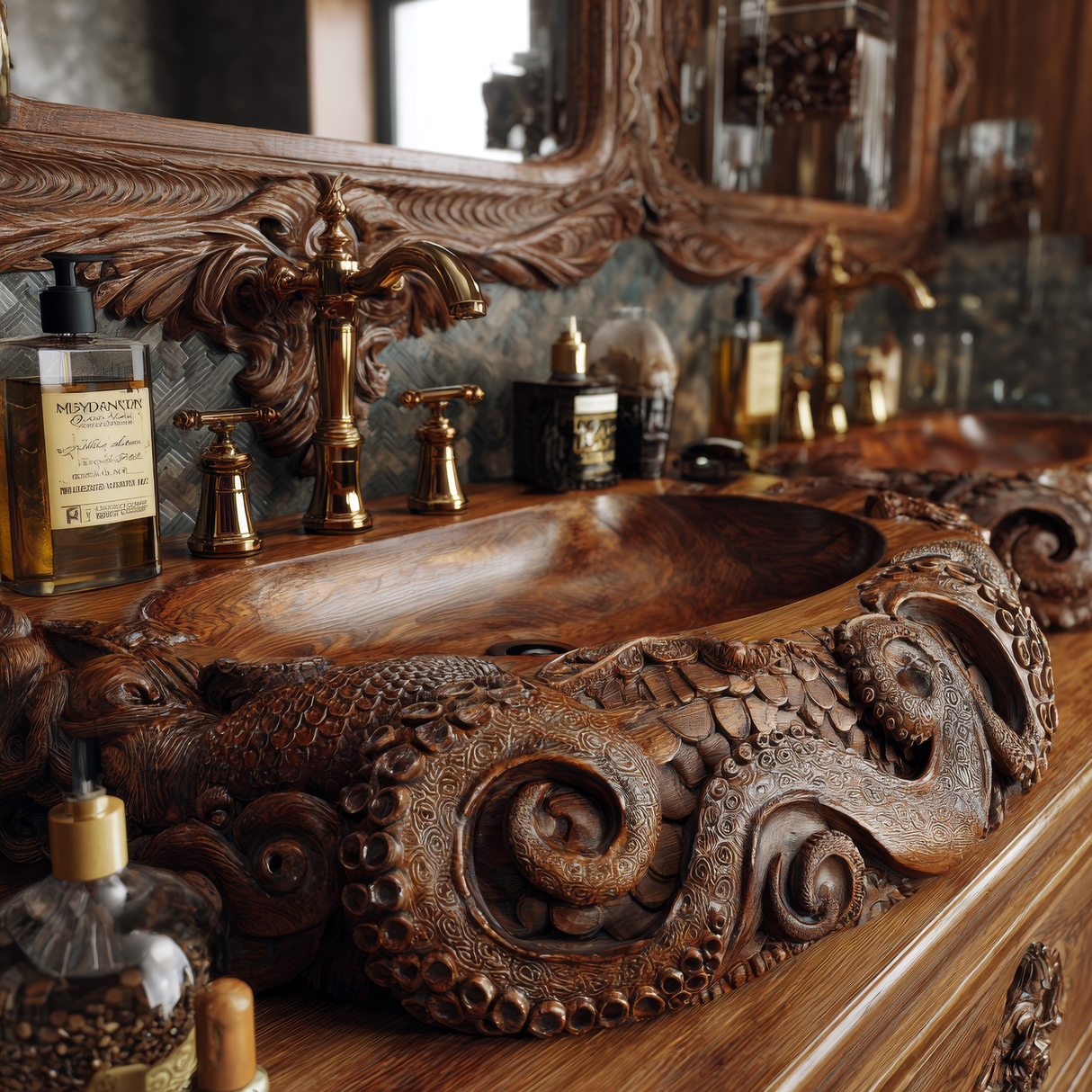 Morveth Octopus Form Handcarved Solid Wood Vessel Sink - Timberustic Vessel Sinks