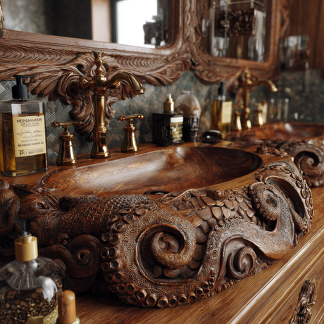 Morveth Octopus Form Handcarved Solid Wood Vessel Sink - Timberustic Vessel Sinks