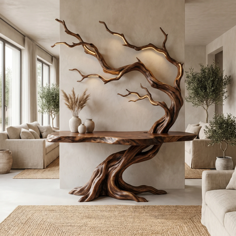 Myraketh Sculpted Solid Wood Console Table - Timberustic Console Table with Shelves