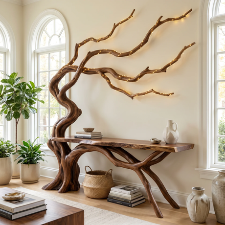 Myrrenvale Sculpted Solid Wood Console Table - Timberustic Console Table with Shelves