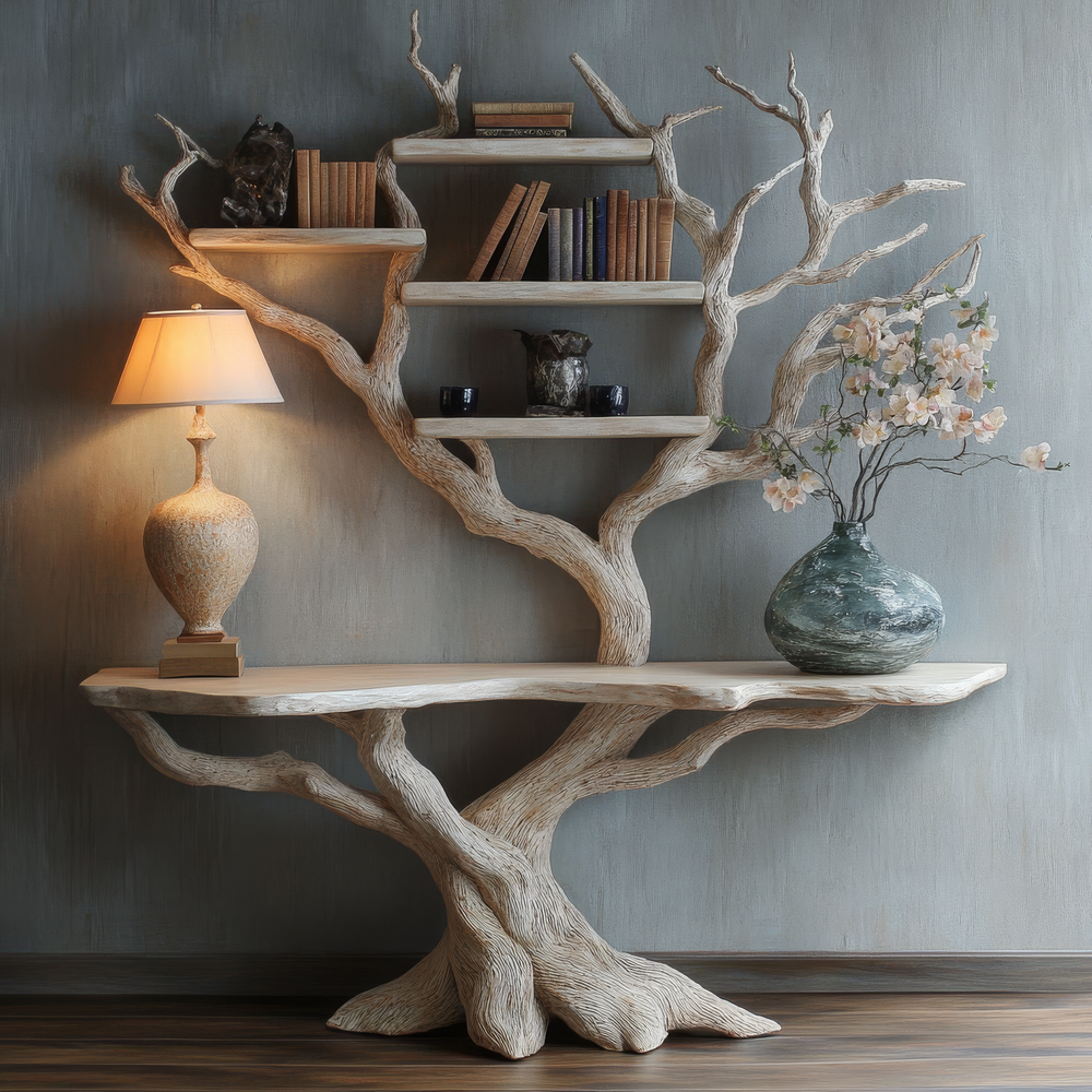 Myrrion Sculpted Solid Wood Console Table with Shelves, Live Edge ...