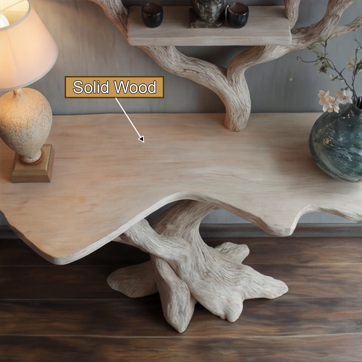 Myrrion Sculpted Solid Wood Console Table with Shelves - Timberustic Console Table with Shelves