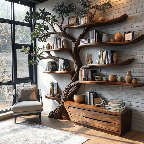 Mythravel Sculpted Solid Wood Tree Bookshelf with Drawers - Timberustic Tree Bookshelf