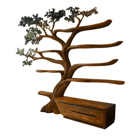 Mythravel Sculpted Solid Wood Tree Bookshelf with Drawers Brown - Timberustic Tree Bookshelf