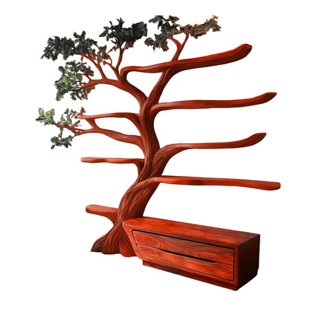 Mythravel Sculpted Solid Wood Tree Bookshelf with Drawers Mahogany - Timberustic Tree Bookshelf