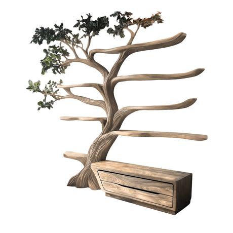 Mythravel Sculpted Solid Wood Tree Bookshelf with Drawers Natural Oak - Timberustic Tree Bookshelf