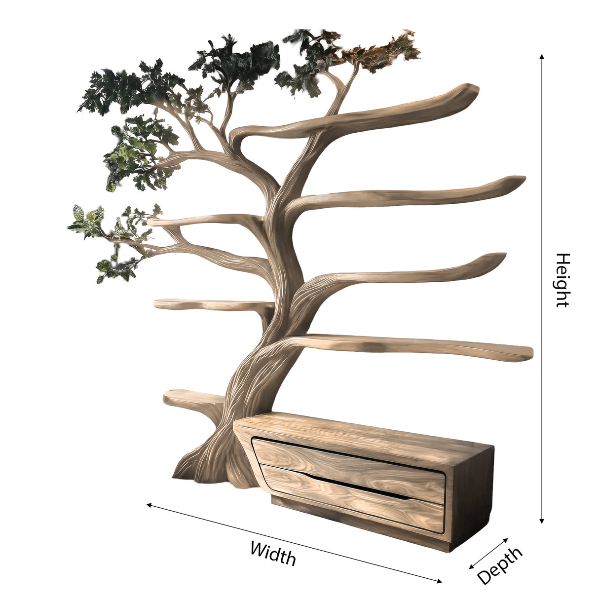 Mythravel Sculpted Solid Wood Tree Bookshelf with Drawers - Timberustic Tree Bookshelf