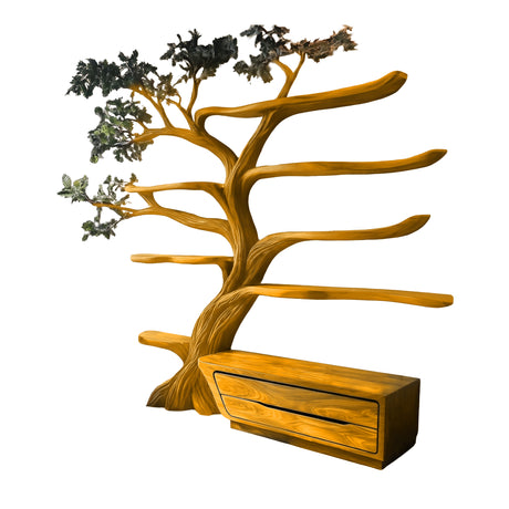 Mythravel Sculpted Solid Wood Tree Bookshelf with Drawers Teak - Timberustic Tree Bookshelf