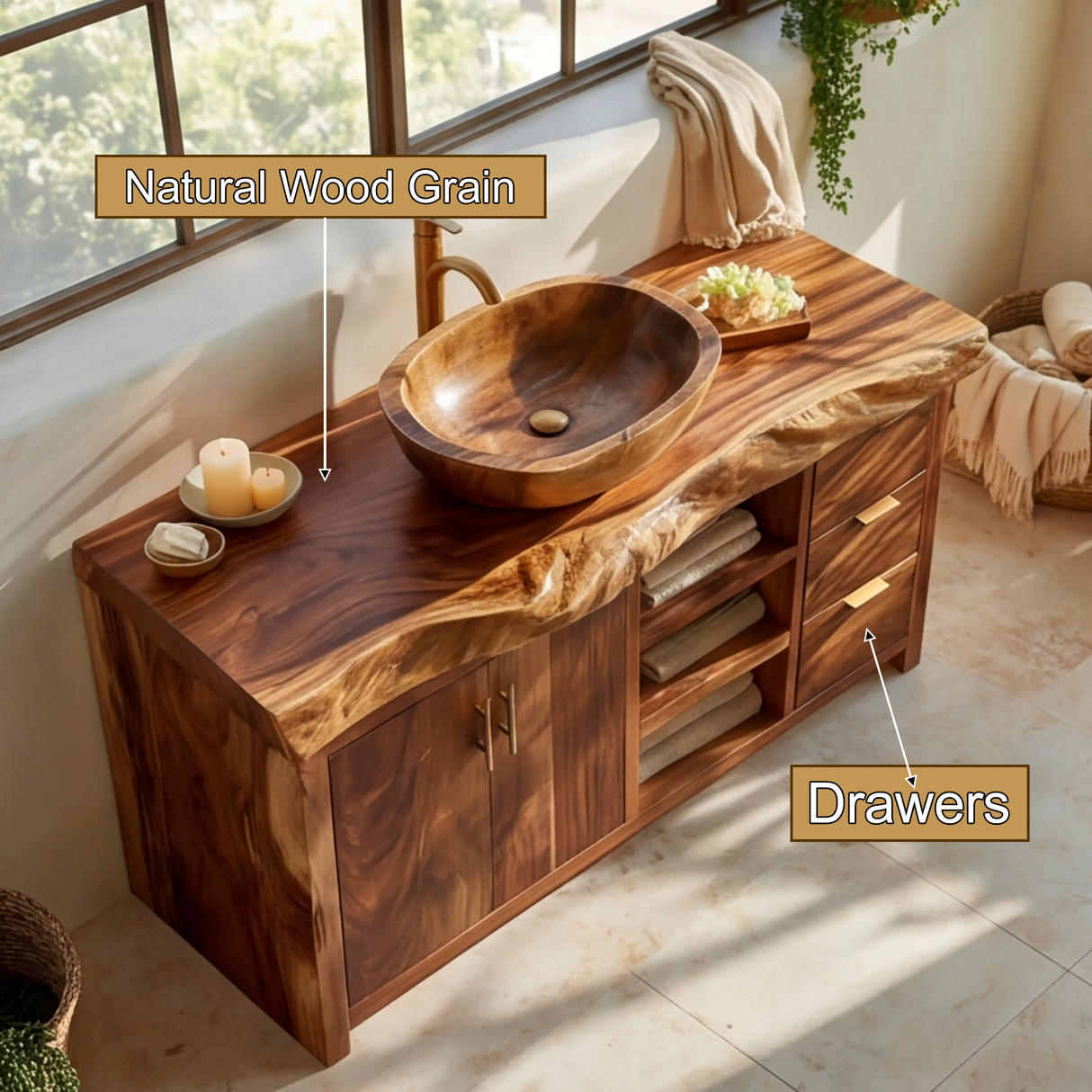 Oakwyn Live Edge Solid Wood Freestanding Bathroom Vanity with Drawers