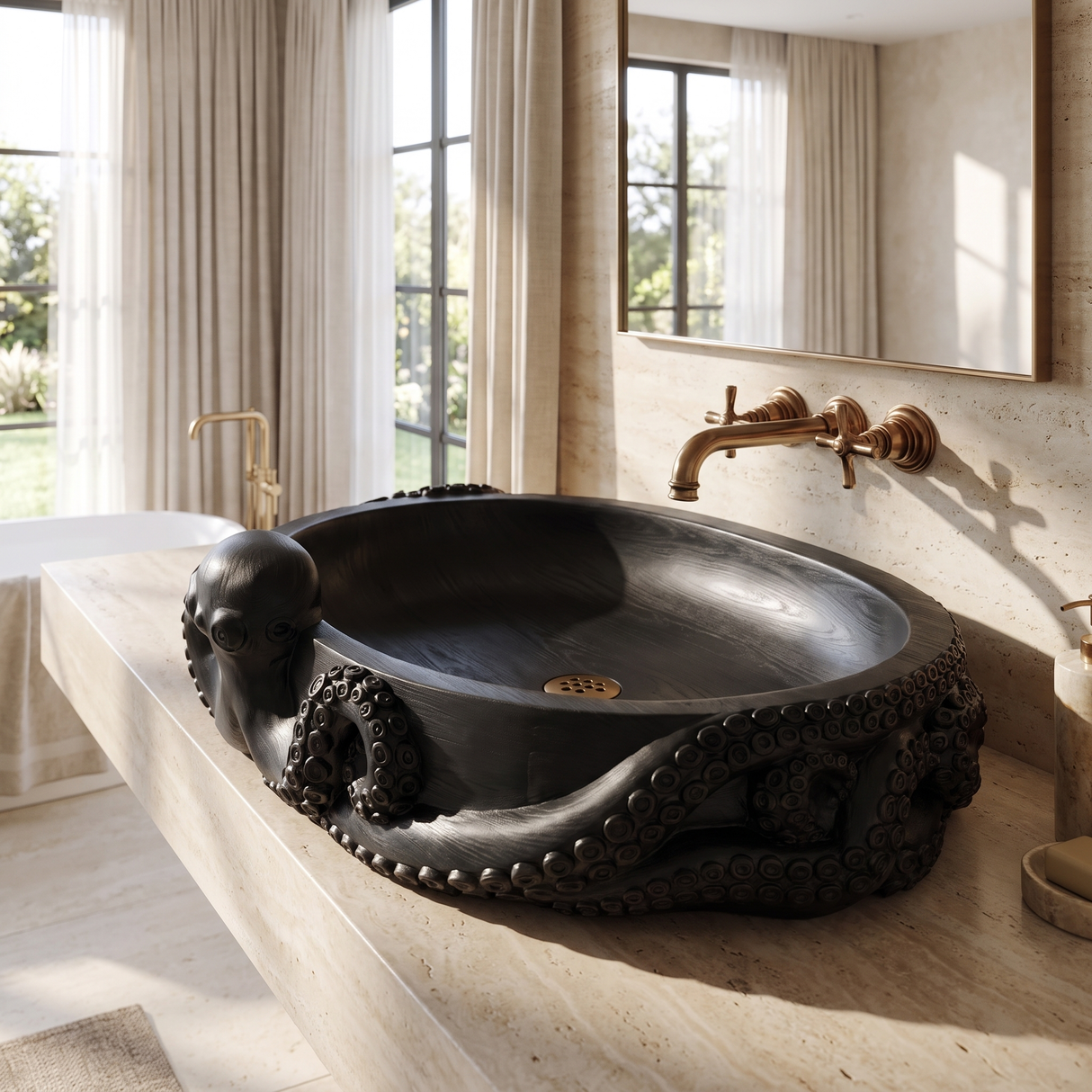 Nautivor Handcrafted Solid Wood Octopus Vessel Sink Black - Timberustic Vessel Sinks