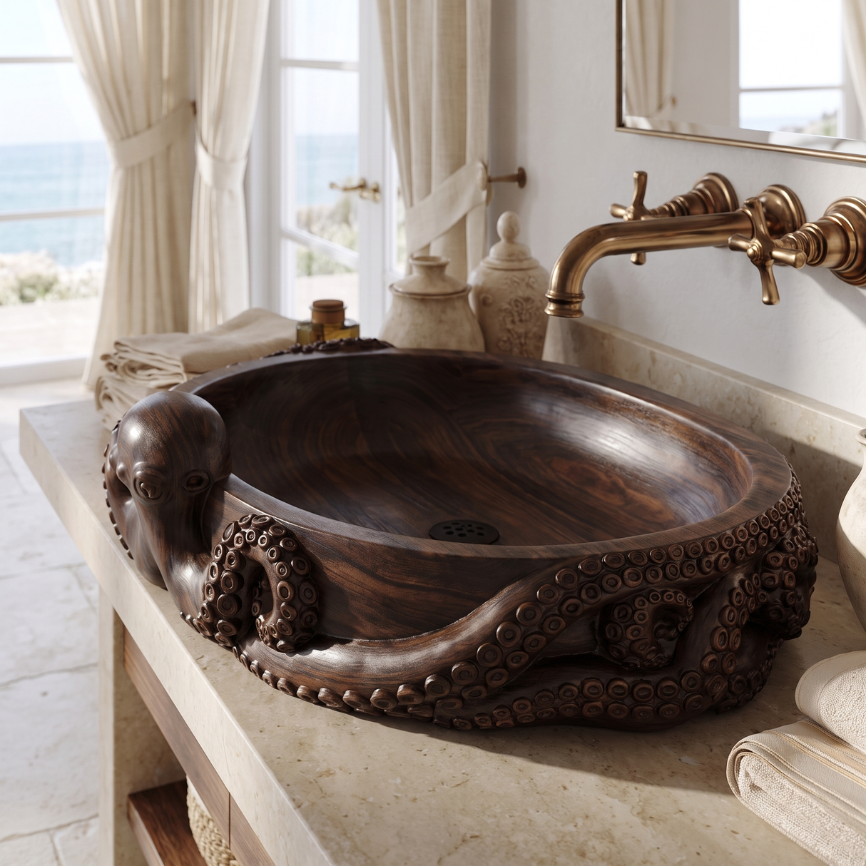 Nautivor Handcrafted Solid Wood Octopus Vessel Sink Dark Walnut - Timberustic Vessel Sinks