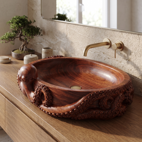 Nautivor Handcrafted Solid Wood Octopus Vessel Sink Mahogany - Timberustic Vessel Sinks