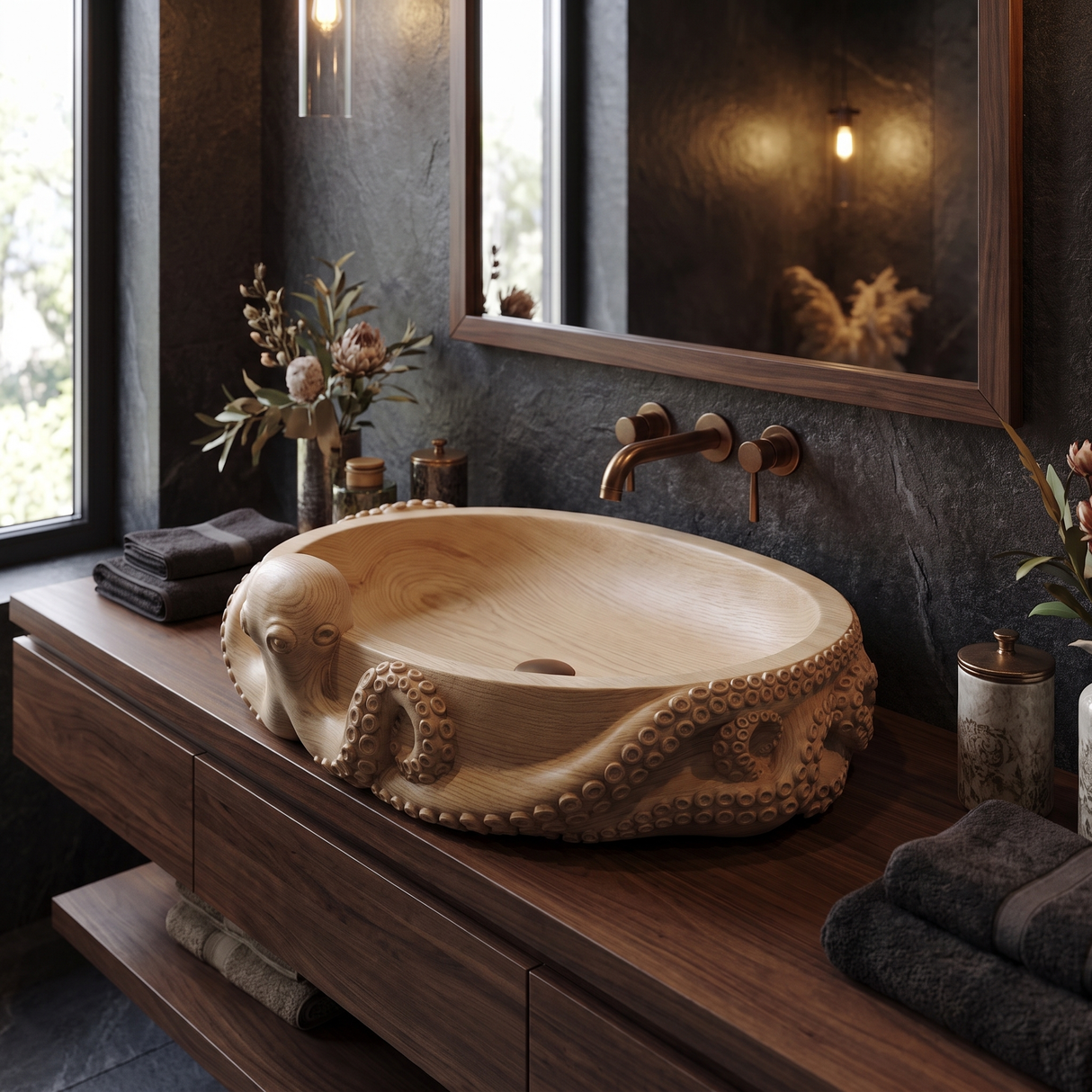 Nautivor Handcrafted Solid Wood Octopus Vessel Sink - Timberustic Vessel Sinks