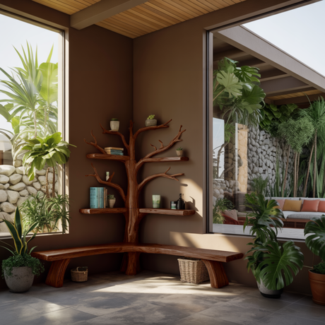 Nerav Live Edge Tree Bookshelf with Bench