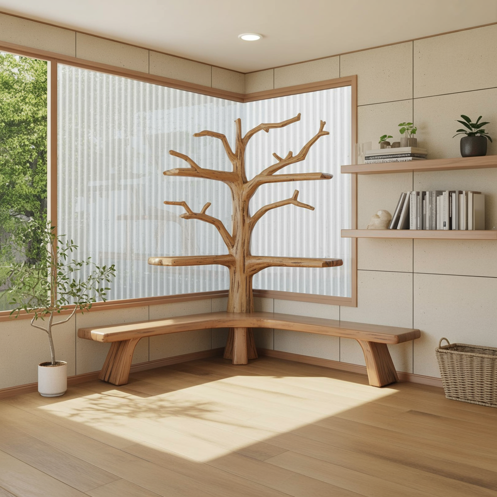 Nerav Live Edge Tree Bookshelf with Bench