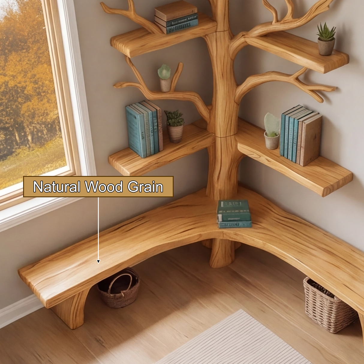 Nerav Live Edge Tree Bookshelf with Bench - Timberustic Tree Bookshelf