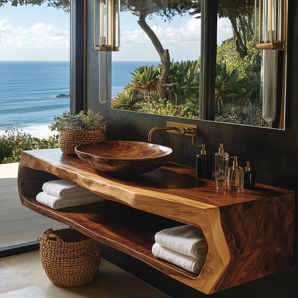 Nerava Sculpted Solid Wood Floating Bathroom Vanity with Open Storage - Timberustic Floating Bathroom Vanity with Open Storage