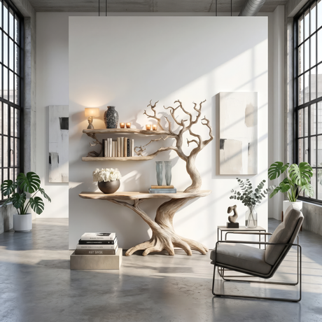Nerithra Sculpted Solid Wood Console Table with Shelves - Timberustic Console Table with Shelves