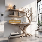 Nerithra Sculpted Solid Wood Console Table with Shelves - Timberustic Console Table with Shelves