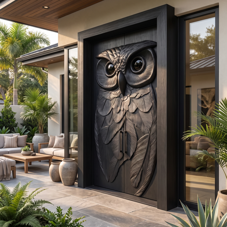Nocteon Handcrafted Solid Wood Owl Double Doors Black - Timberustic Door