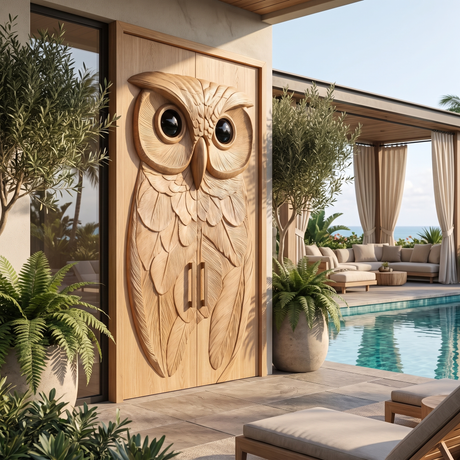 Nocteon Handcrafted Solid Wood Owl Double Doors Natural Oak - Timberustic Door
