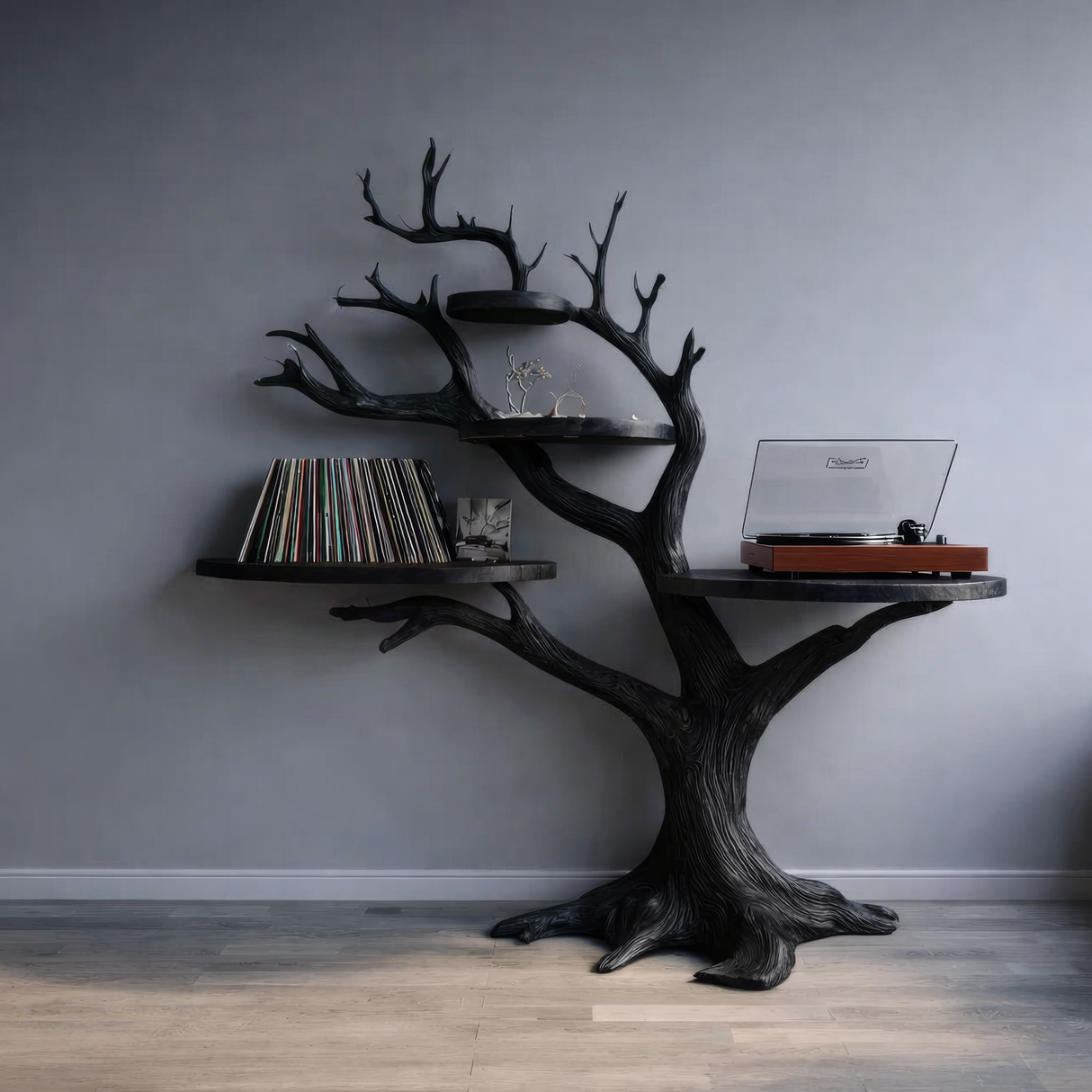 Noirbranch Sculpted Solid Wood Record Player Stand - Timberustic Record Player Stand With Storage