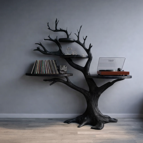 Noirbranch Sculpted Solid Wood Record Player Stand - Timberustic Record Player Stand With Storage