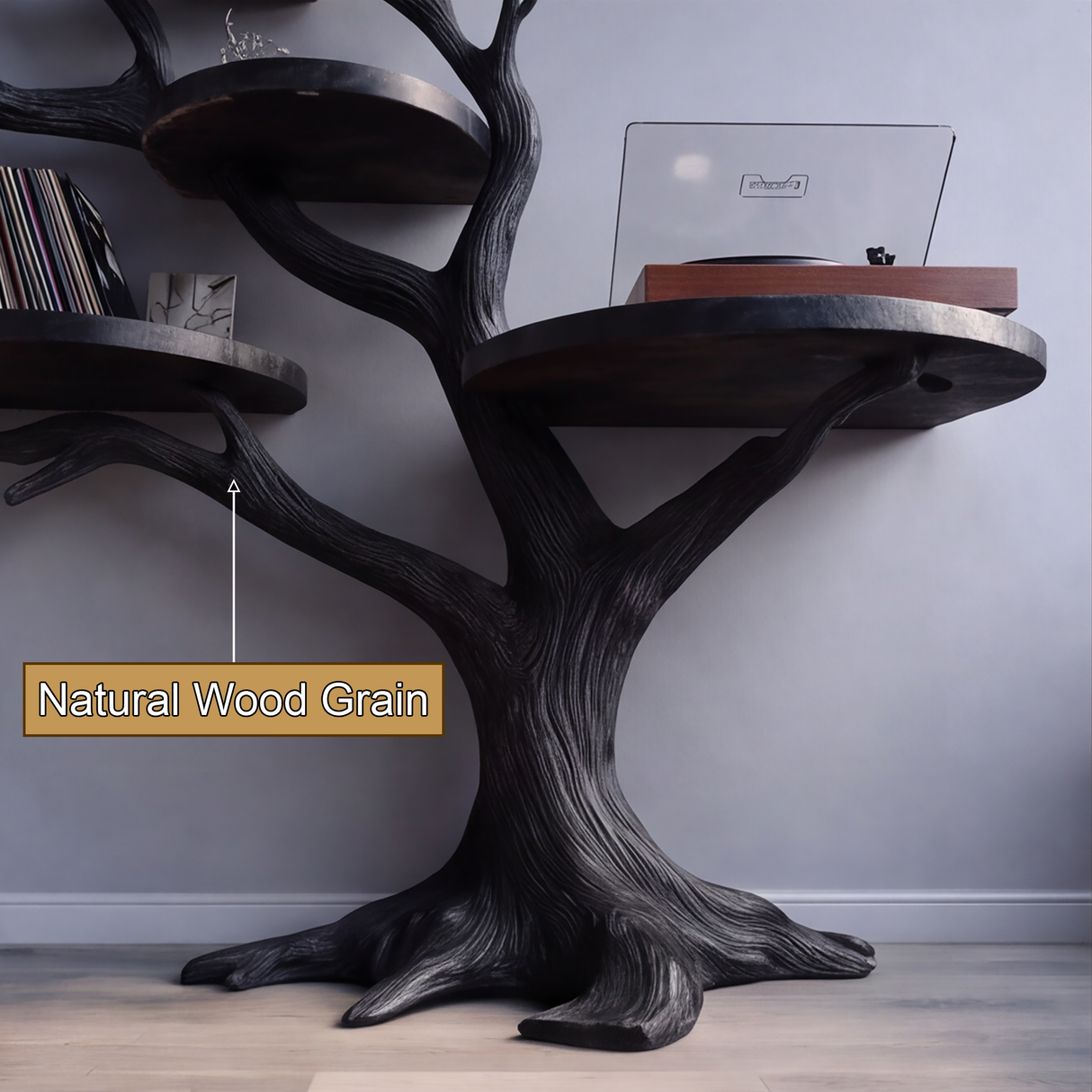 Noirbranch Sculpted Solid Wood Record Player Stand - Timberustic Record Player Stand With Storage