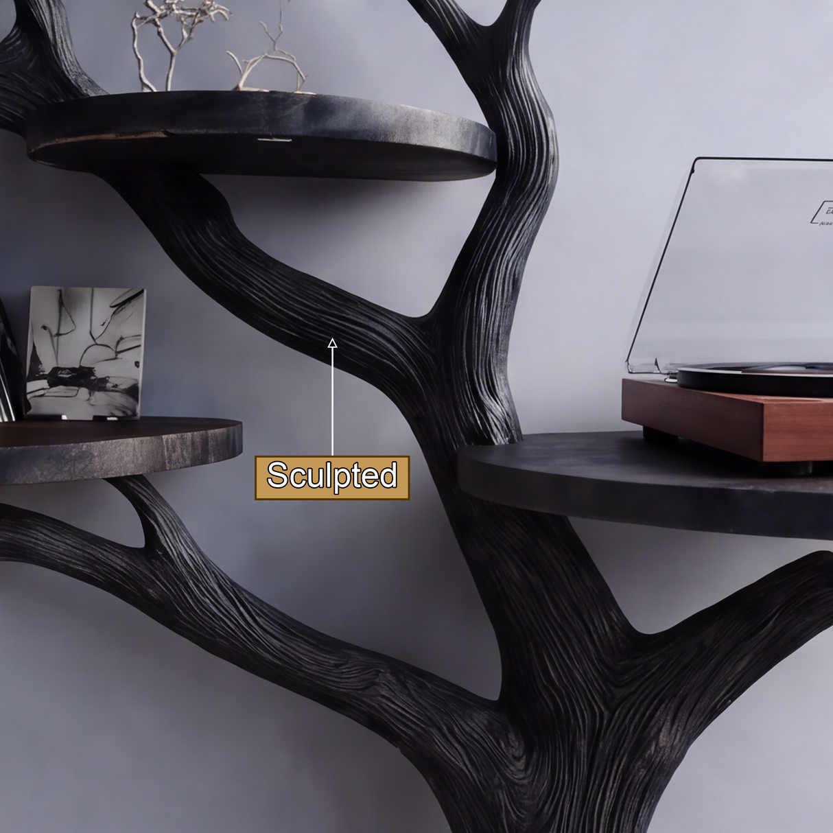 Noirbranch Sculpted Solid Wood Record Player Stand - Timberustic Record Player Stand With Storage