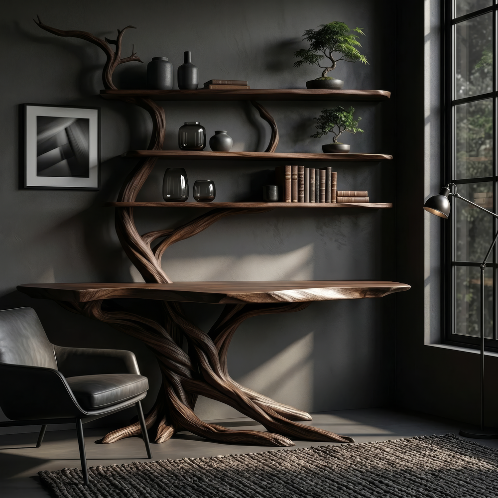 Norvane Sculpted Solid Wood Console Table with Shelves, Organic Modern ...