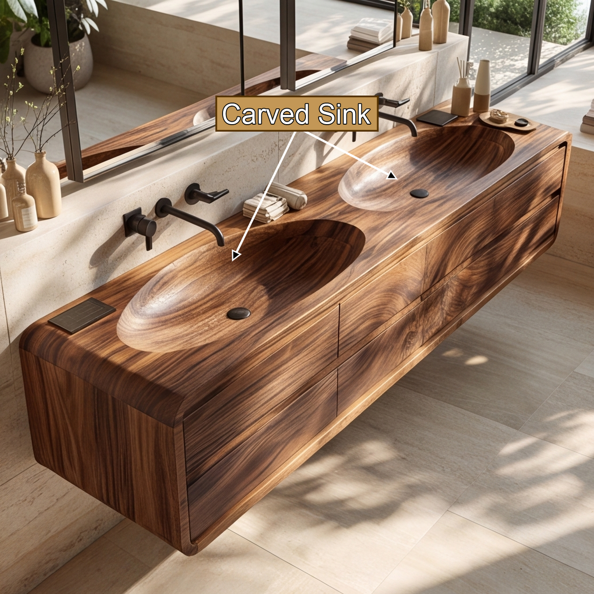 Norvessa Handcrafted Solid Wood Floating Bathroom Vanity with Integrated Sinks and Drawers
