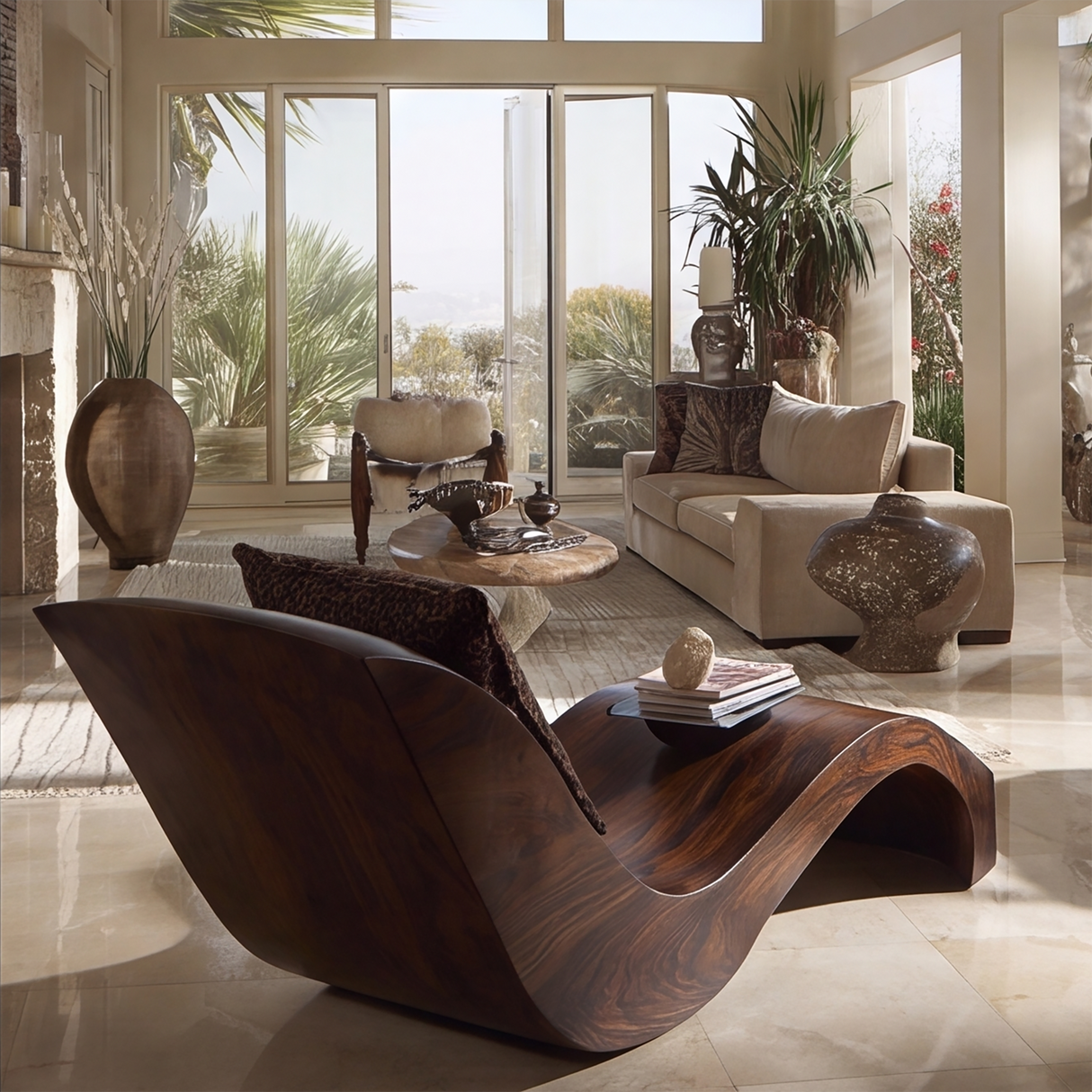 Norwyn Handcrafted Sculpted Solid Wood Chaise Lounge