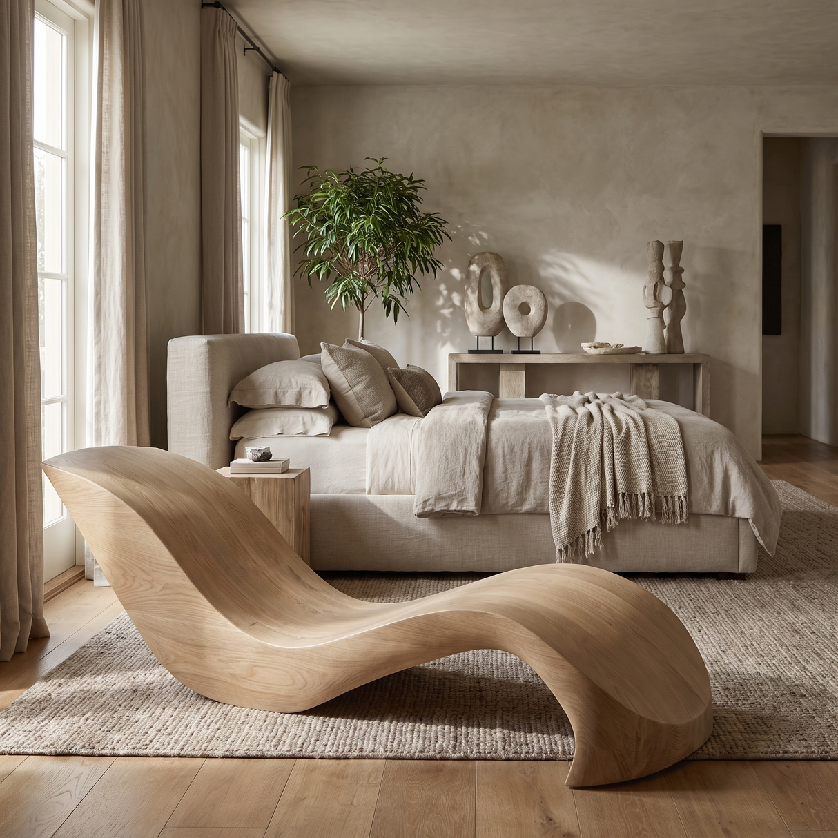 Norwyn Handcrafted Sculpted Solid Wood Chaise Lounge