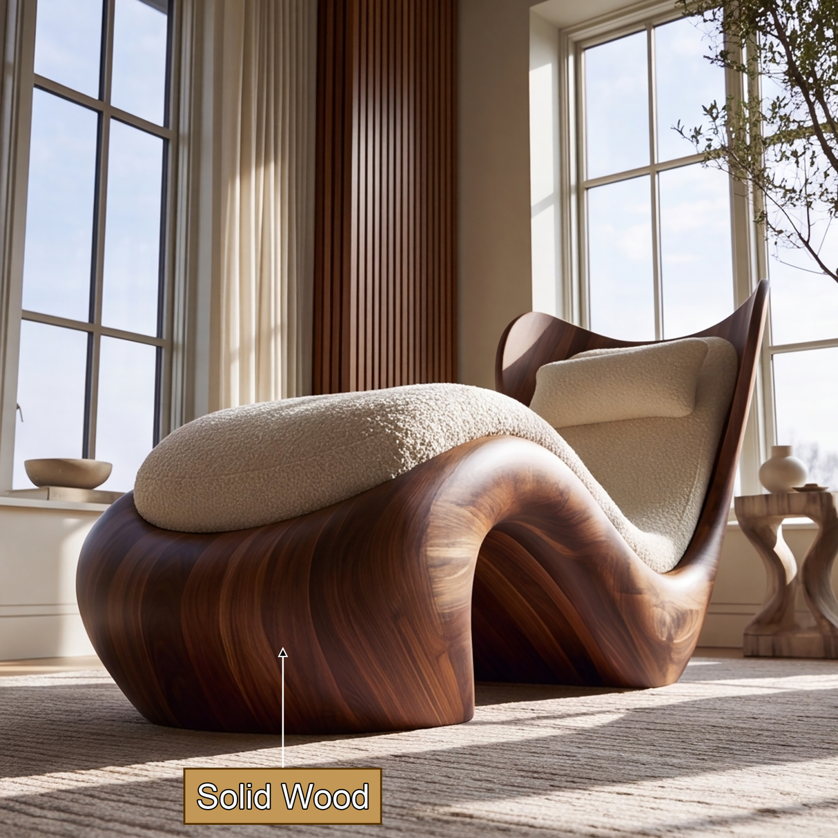 Novera Handcrafted Sculpted Solid Wood Chaise Lounge