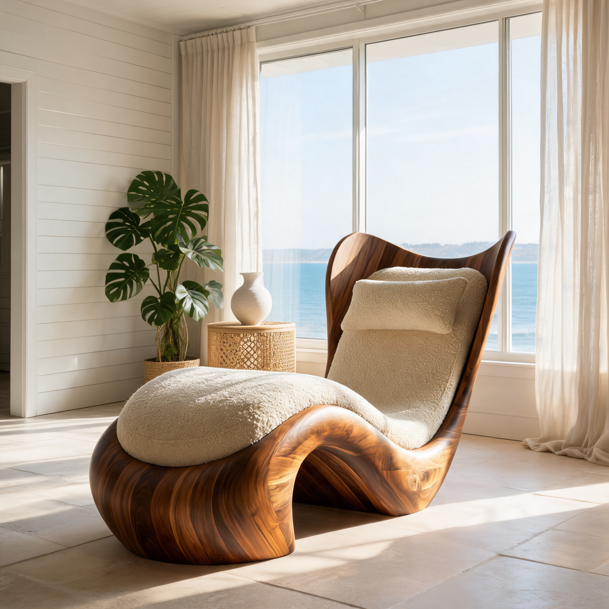 Novera Handcrafted Sculpted Solid Wood Chaise Lounge